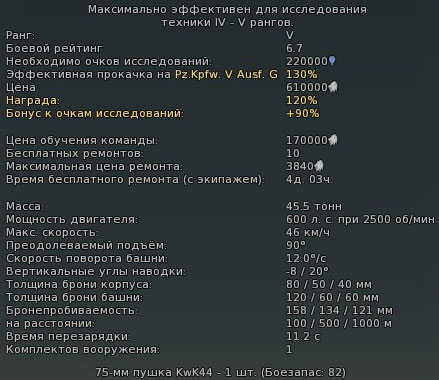 Характеристики Pz.Kpfw. V Ausf.F Характеристики Pz.Kpfw. V Ausf.F