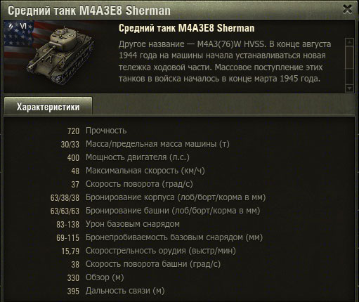 Характеристики танка M4A3E8 в World of tanks - Sherman Fury должен обладать схожими данными Характеристики танка M4A3E8 в World of tanks - Sherman Fury должен обладать схожими данными